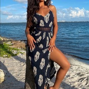 FASHION NOVA- Holy Slit Dress - Navy/Taupe